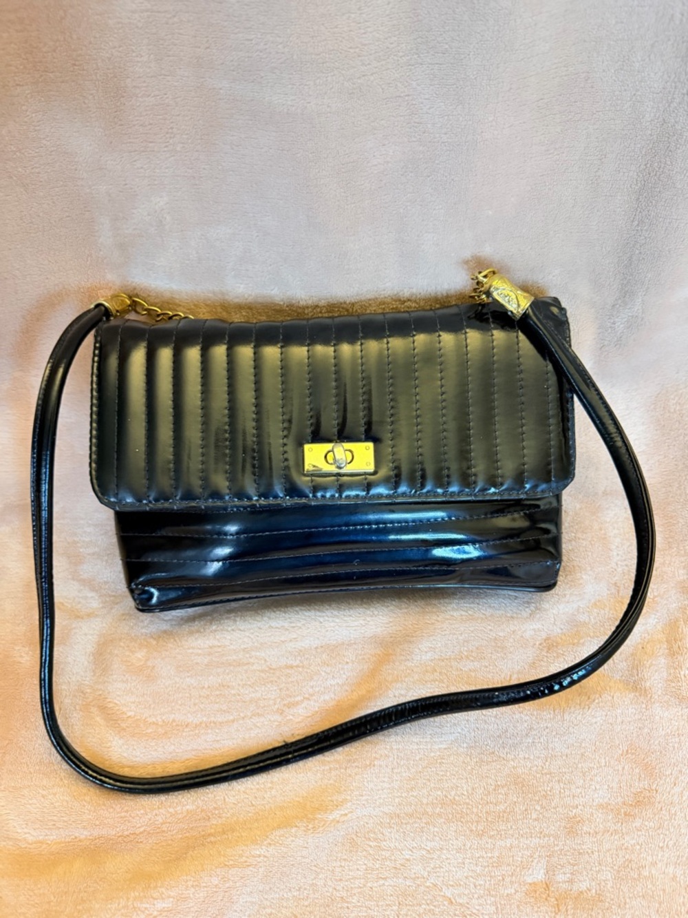 Bally Black Quilted Patent Leather Crossbody with Gold Turn-Lock